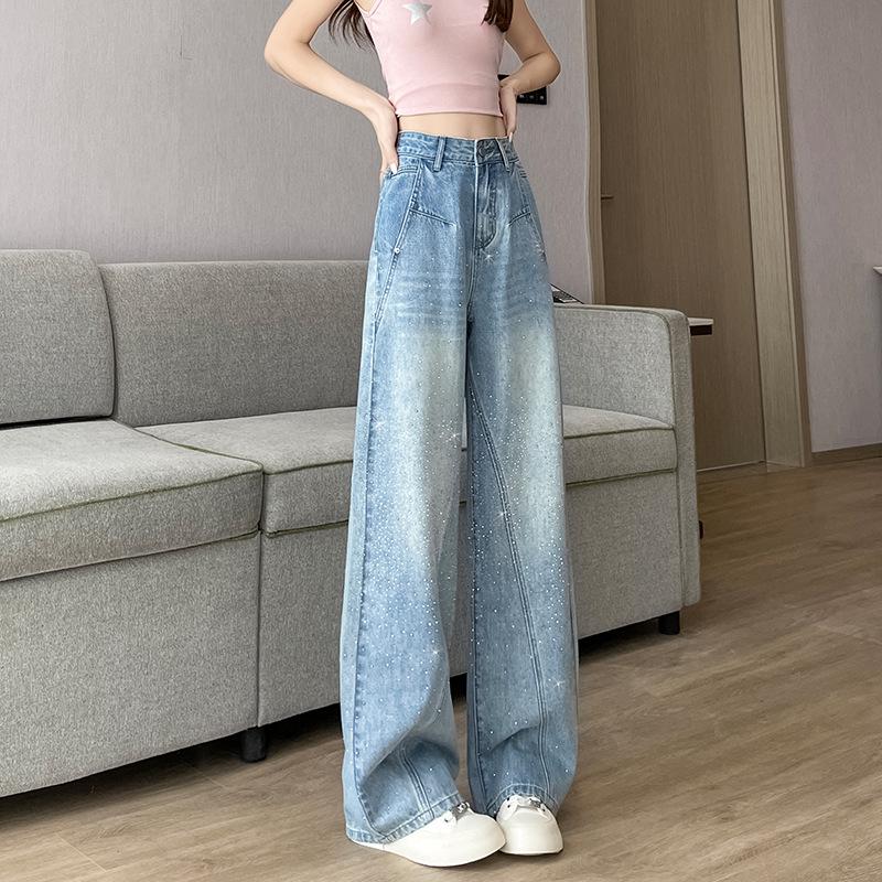 

Full of Stars Rhinestone Wide-Leg Jeans - Women s Light Color Loose Fit, New Spring/Autumn L