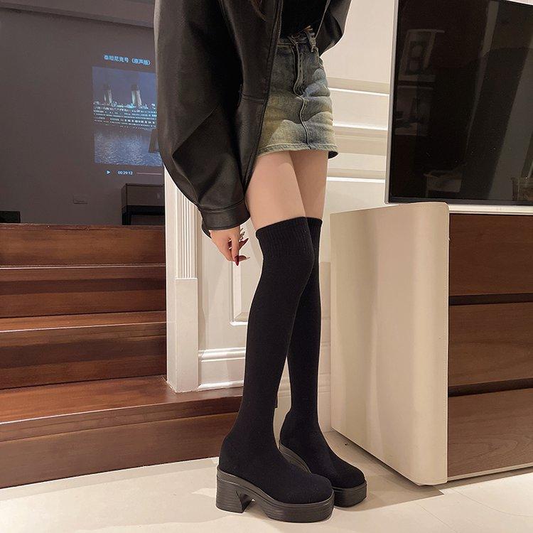 

Autumn new knee boots women s elastic boots thick heel knitted socks boots slimming fashion high heel thin boots women 35 чёрный