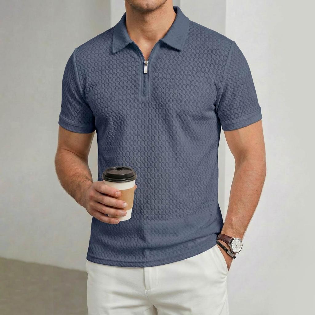 Men's New High-End Nylon Stretch Lapel Zipper Short Sleeve Plaid Casual Sports Golf Shirt