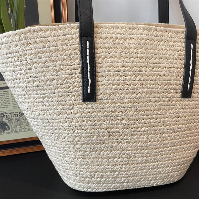 Borsa Tote in Paglia Intrecciata con Manici in Pelle Nera Grande Capacità Borsa da Spiaggia Estiva Borsa a Mano Casual da Donna per Uso Quotidiano