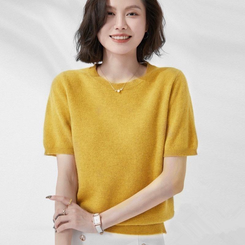Women's Knitted Short Sleeve Spring/Summer Pullover Sweater - Round Neck, Lightweight, Half Sleeve.
