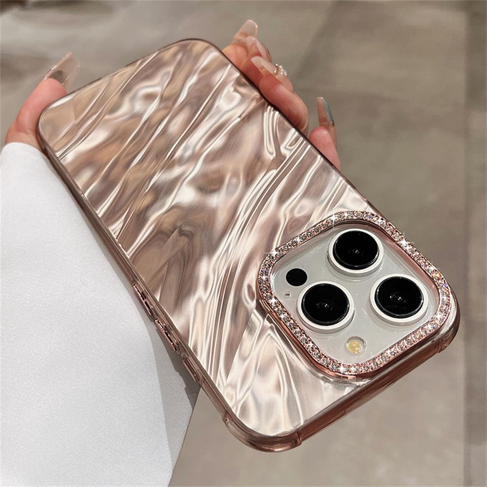 Luxury Bling Glitter Diamond Camera Protection Phone Case for iPhone 14 11 12 13 15 Pro Max Shiny Wave Ripple Pattern Hard Cover