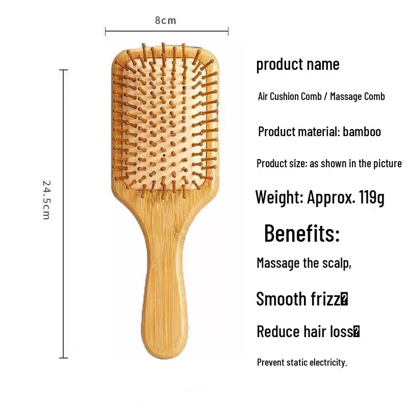Natural Bamboo Wood Air Cushion Massage Detangling Comb for Curling and Hairdressing
