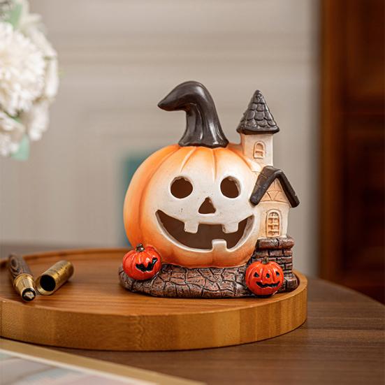 Yousheng Halloween Pumpkin Figurine Spooky Mini Pumpkin Castle Statue Resin Tabletop Ornament for Halloween Porch Mantel Table Decor