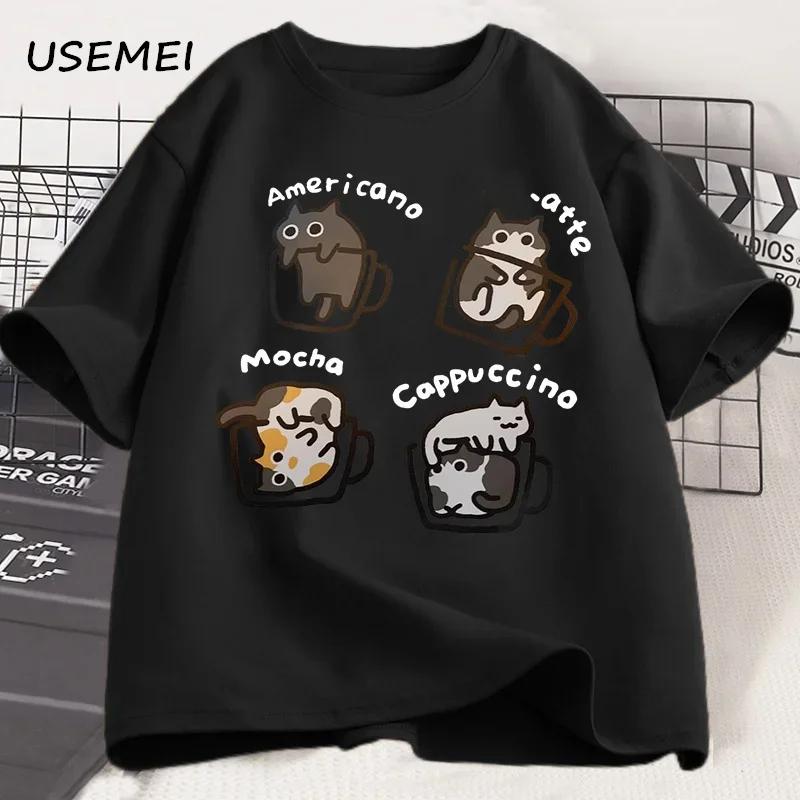 Adorable and Fun Coffee Cat T Casual Wear Features a Loose Shortsleeve Design with a Humorous Cat Motif Ideal for Cat Lovers