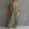Damen Neckholder Jumpsuit mit weitem Bein Unifarben Tiefes V-Ausschnitt Lässiger Lockerer Sitz Sommer Strampler