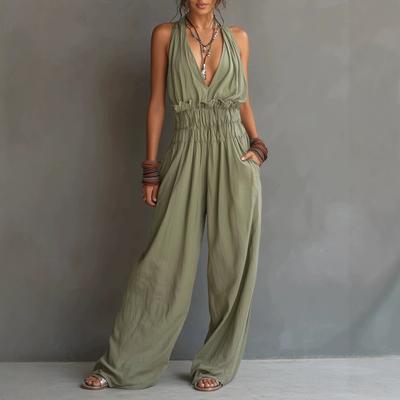 Mono de Mujer con Cuello Halter Pierna Ancha Color Sólido Escote en V Profundo Casual Ajuste Holgado Romper de Verano