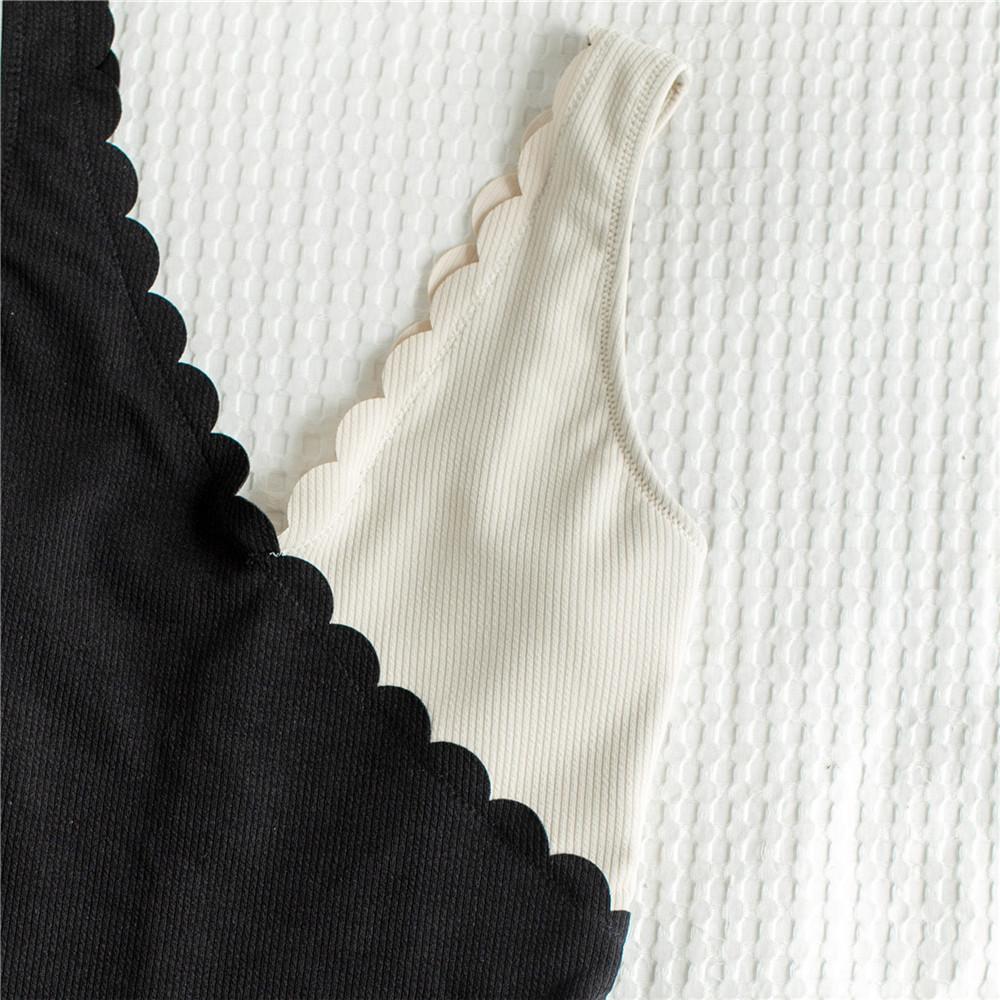 Black White Patchwork Ribbed Swimwear Sexy One Piece Swimsuit Woman V Neck Petal Edge Bathing Suit Swimming Wear Summer