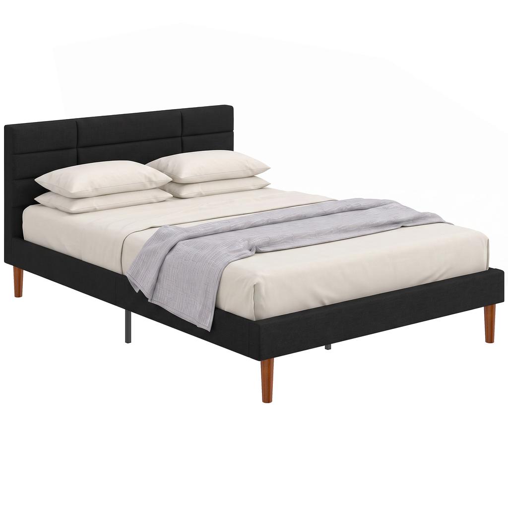 Double Bed Frame, 140 X 200 Cm, Wooden Slatted Base, Linen-Effect, Storage Underneath, Black