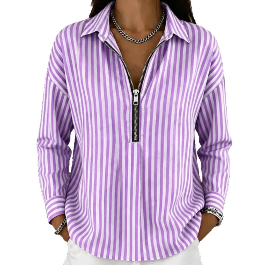 Women Striped Shirt, Turn Down Collar Half Zip Long Sleeve Loose Casual Spring Fall Blouse
