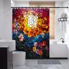 Stained Glass Sunset & Flower Field Shower Curtain - Polyester, Fashion Theme, 12 Hooks, Multicolored Sun & Blue River Design