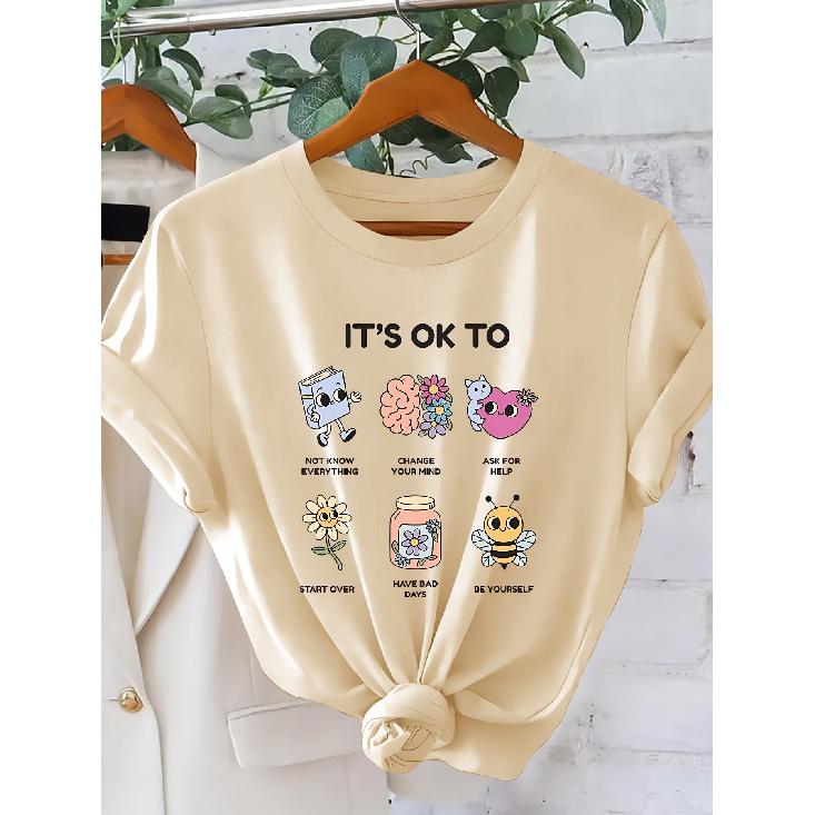 Self-Acceptance Statement for Women T Shirt | “It's OK To” Cartoon Illustration, Psychological Healing Style, Round Neck, Short Sleeves| Casual