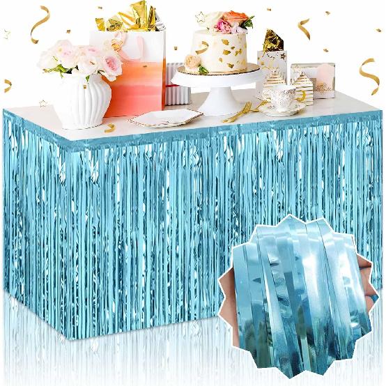 3 Pack 29 x108 Inch Blue Foil Fringe Table Skirts Metallic Banner for Tel Streamer Garland Backdrop for Parade Floats Mother's Day, Graduate,
