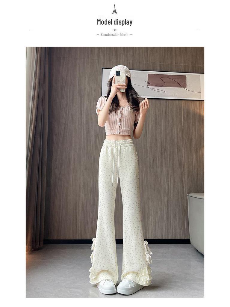 Lace Bow Floral High-Waisted Wide-Leg Summer 2026 Women's Casual Pants