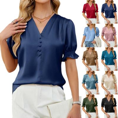 Women Stain Tops Short Sleeve Blouse V Neck Shirts Business Casual Outfits