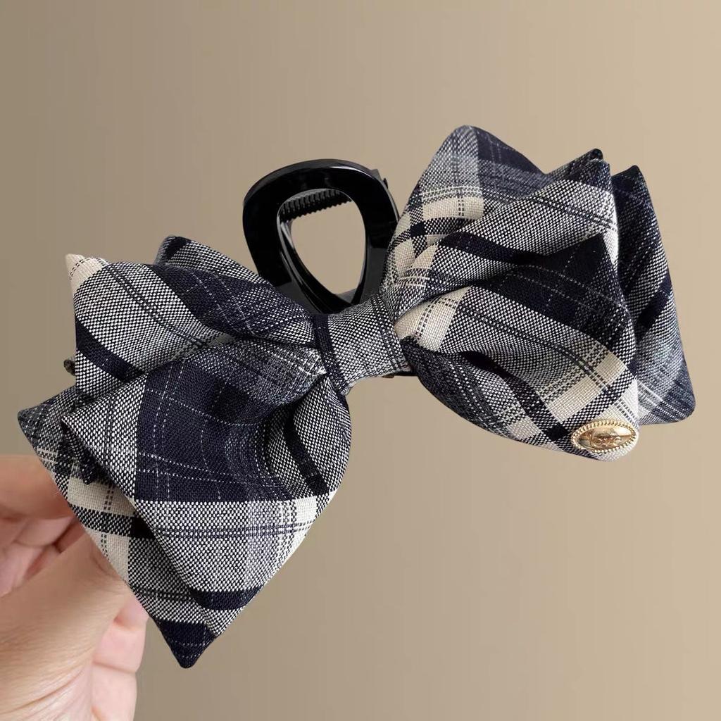 Korean Style College Fashion Plaid Butterfly Knot Hair Clip Stylish Simple Gold Label Shark Hair Clip Back of Head Bun Hair Clip