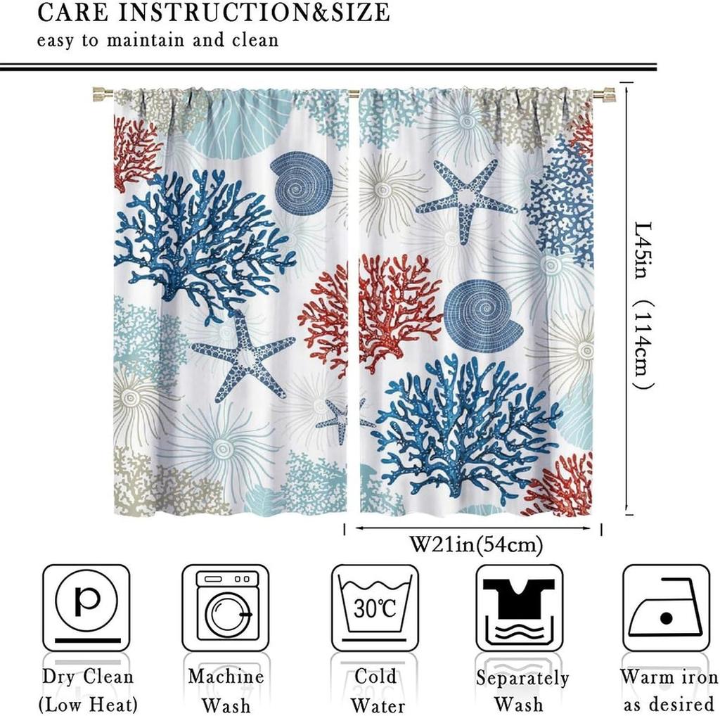 Coastal Window Curtains Nautical Beach Ocean Sea Starfish Seashell Curtain Living Room Bedroom Panels Set Inch Polyester Ideal For