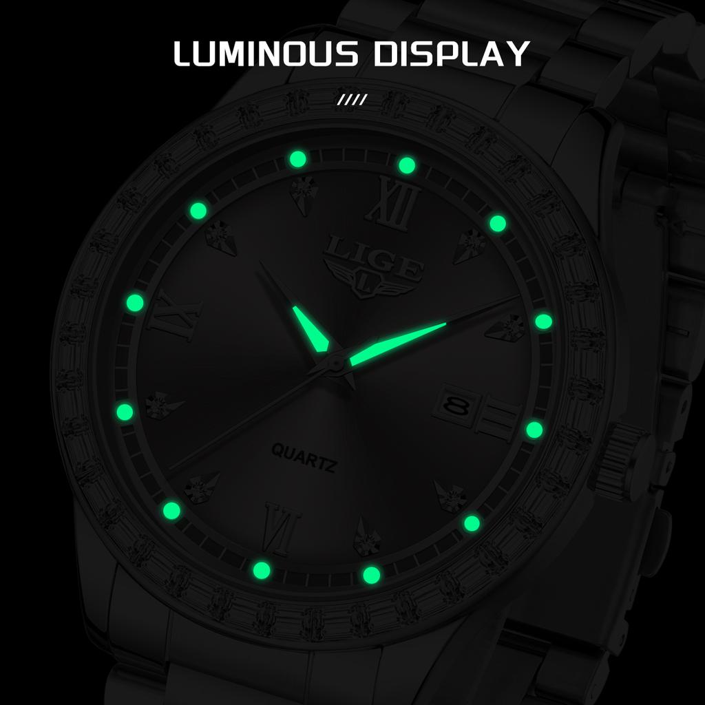 Men Watch Waterproof Diamond Luxury Luminous Calendar Quartz Wristwatch For Men Stainless Steel Fashion Business Watch Men