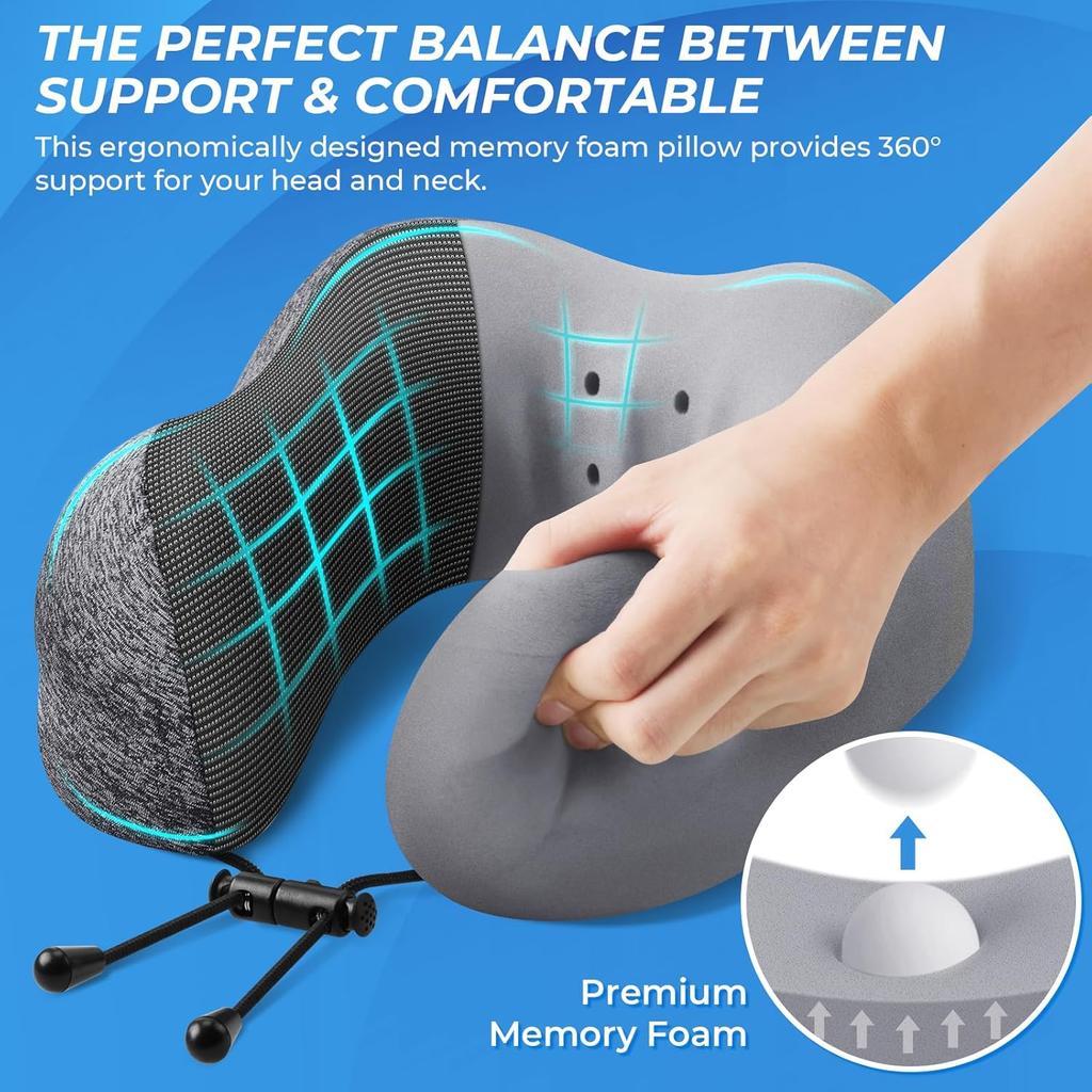 Travel Pillow, Travel Pillows for Sleeping Airplane, Removable Cover Neck Pillow with Adjustable Clasp, Memory Foam Neck Pillow Set with Eye Mask,