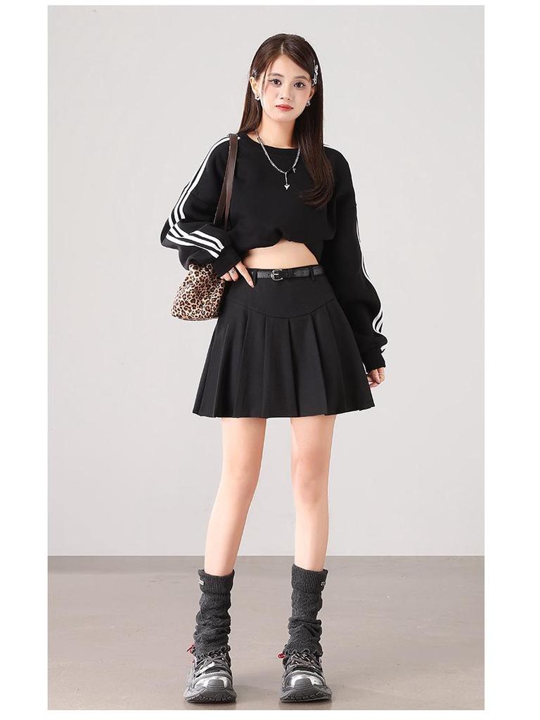 European & American Style Korean Pleated A-line Skirt with Belt - Anti-Exposure, Age-Reducing Short Umbrella Skirt.