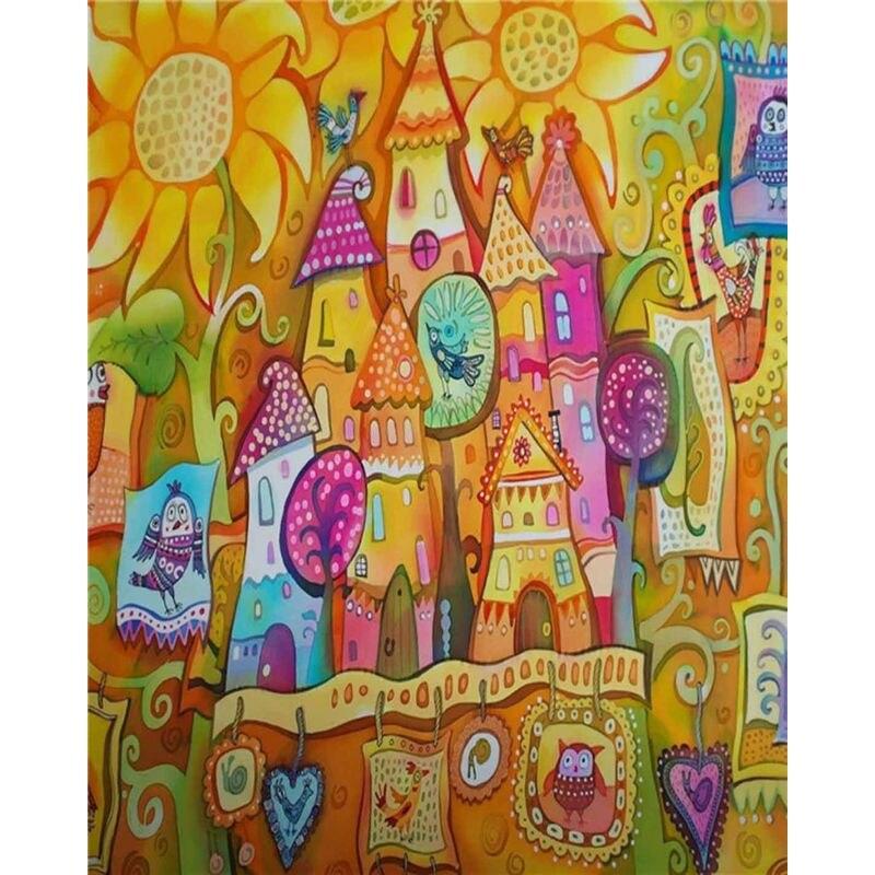 Malowanie diamentowe Różowy kwiat Pełne okrągłe diamentowe haftowanie Kolorowy dom Krajobraz Haft krzyżykowy Dekoracja domu