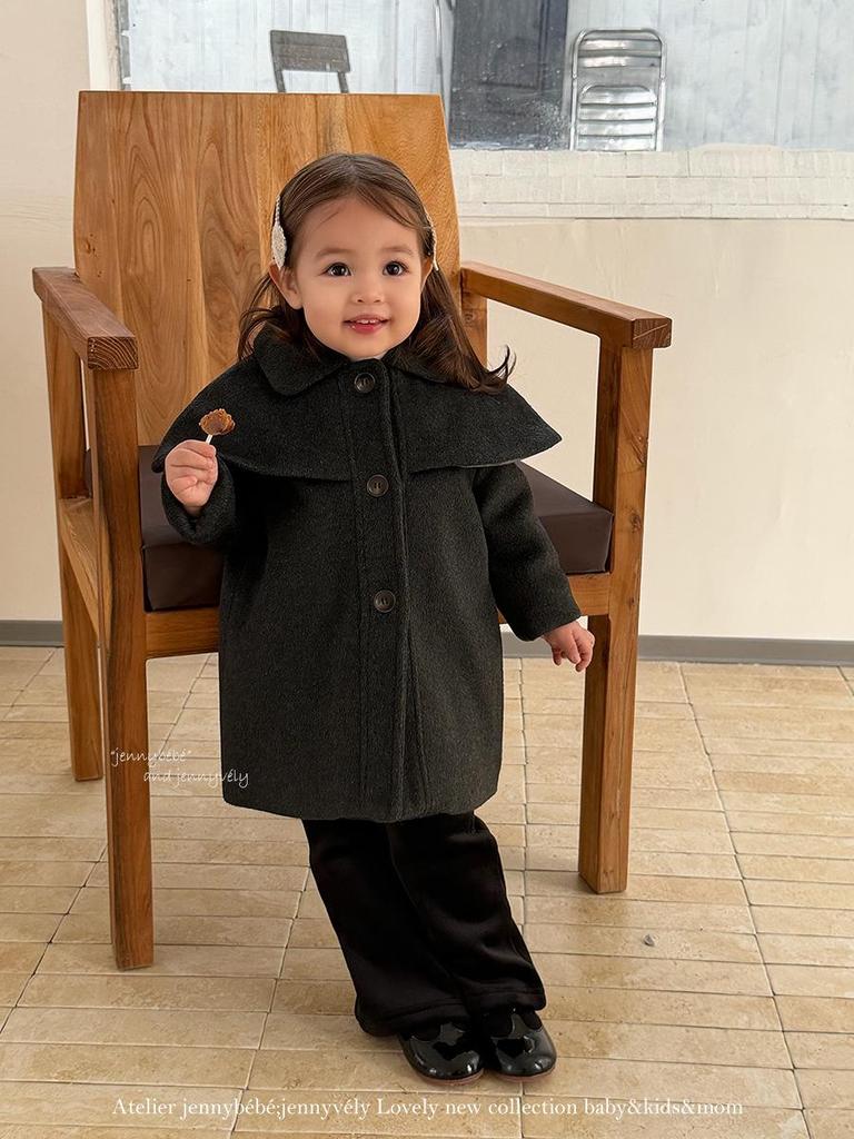 Jennybebe Girls' Elegant Woolen Winter Coat - Korean & British Style Shawl Design