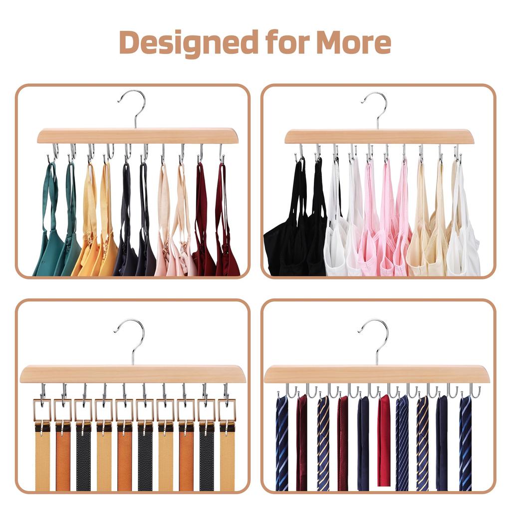 Storage Rack Holder Wooden Clothes Hanger with 20 Hooks Rotating Closet Organizer Space-Saving Hanger for Tank Tops Underwear