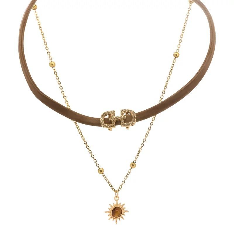 Autumn Maillard Pu Leather Tiger'S Eye Stone Stacked Choker Necklace Women'S Senior Exquisite Sweater Chain Collarbone Chain Neck Chain