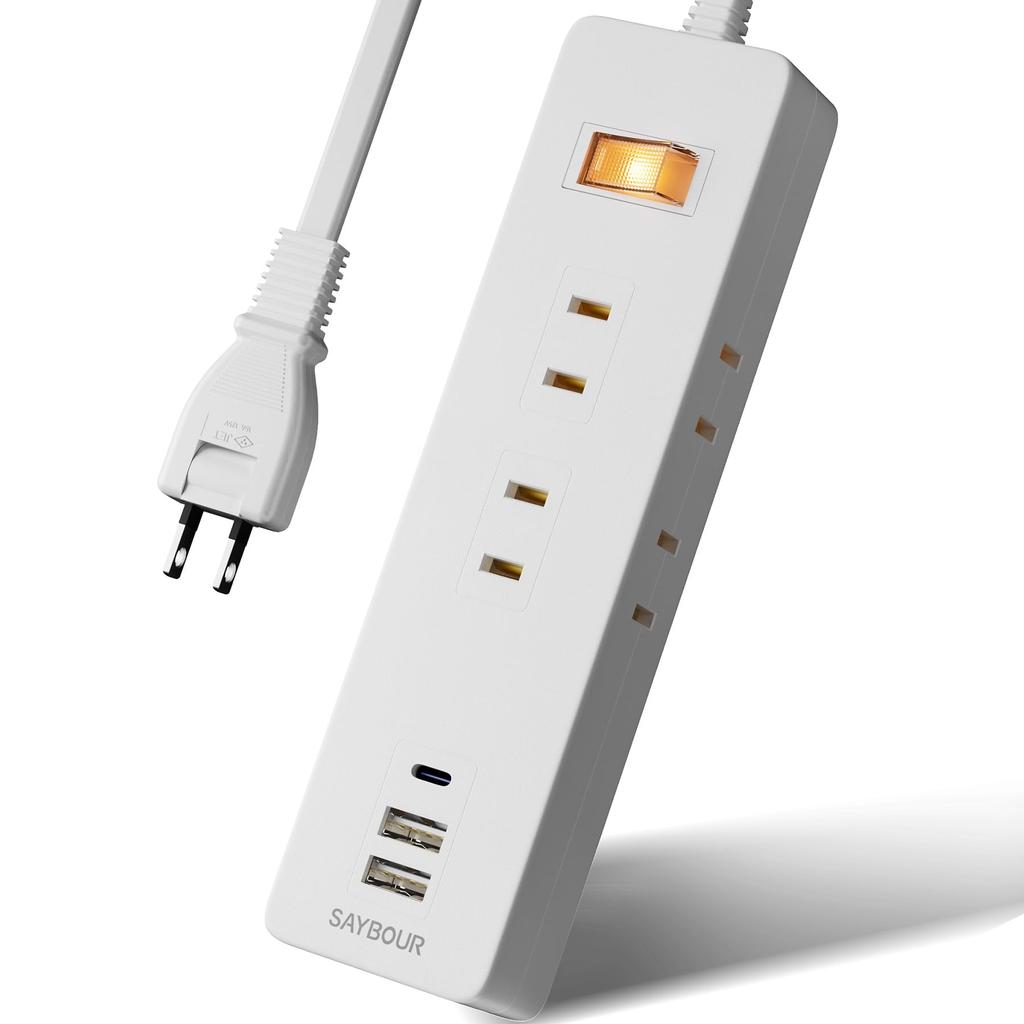 SAYBOUR Power Strip USB Extension Cord, 1m, 6 Outlets, Type-C, USB-A, Lightning Guard Switch, White, AJ-6100