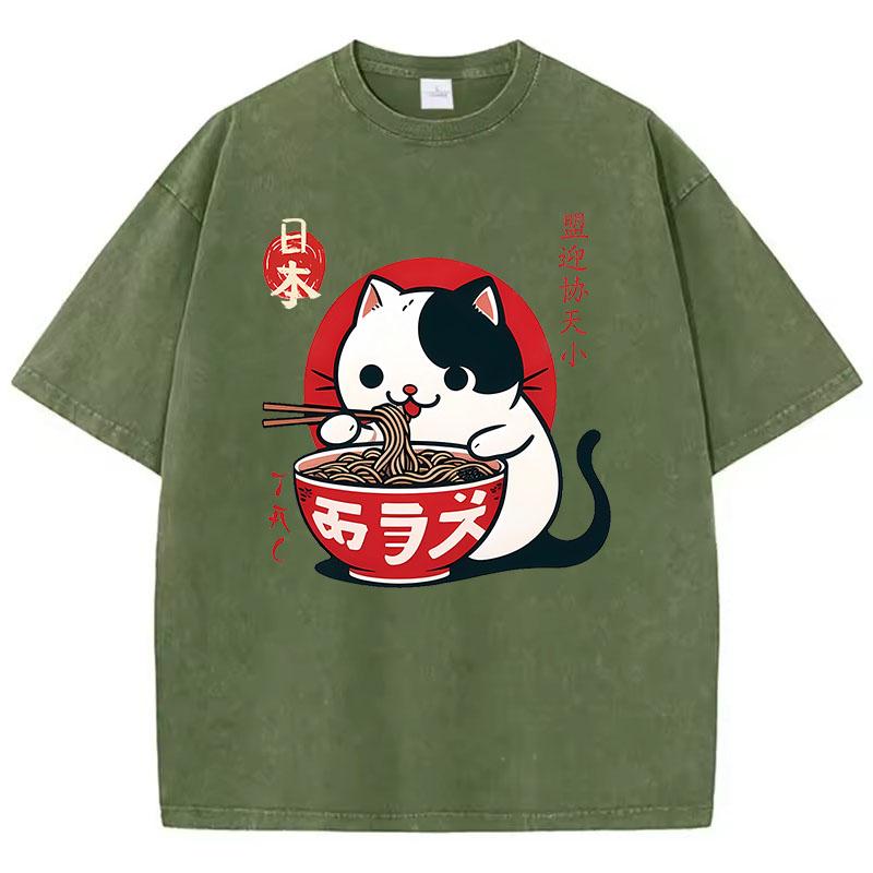 Harajuku Washed T Shirt Cotton T-Shirt Japanese Cat Eat Ramen Funny Graphic Tee Casual Streetwear Spring Summer