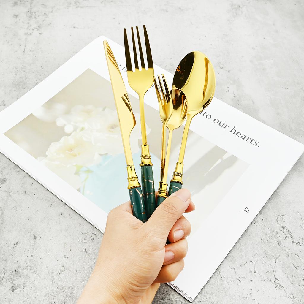 Juego de cubiertos dorados con mango de cerámica de imitación, vajilla de acero inoxidable 304, cuchillos, tenedores, cuchara con soporte para cubiertos, 24 Uds.