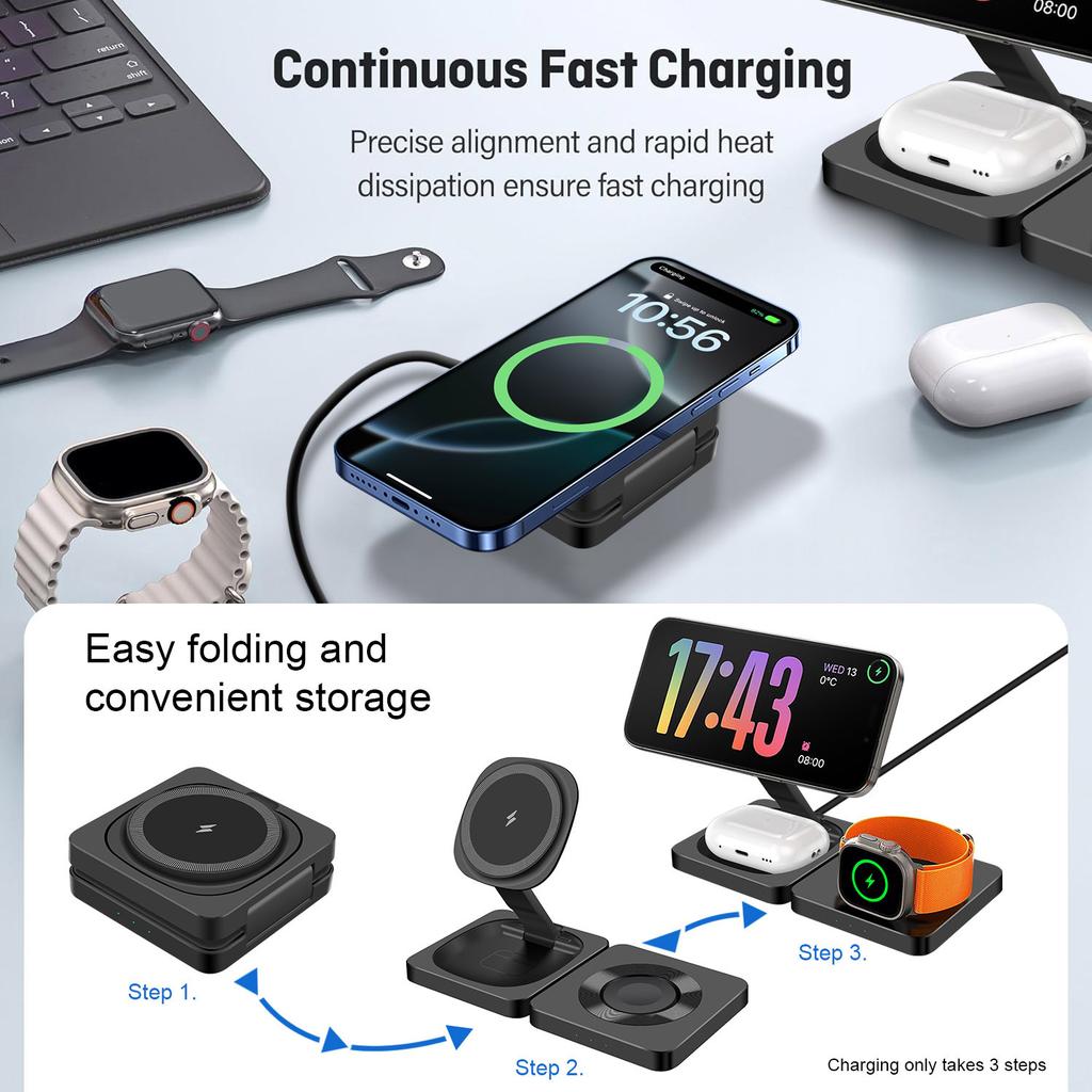 3 In 1 Charging Station for iPhone 16 15 14 Airpods 4 3 iWatch 10 Foldable Magnetic Wireless Charger Dock Travel Charging Pad