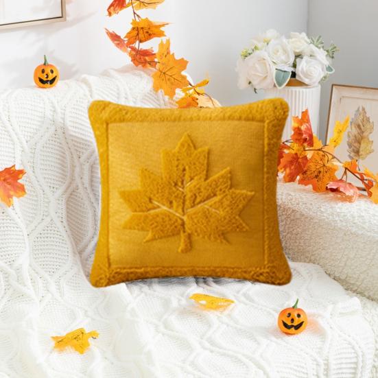 Fall Throw Pillow Cover 18"x18" Plush Pumpkin Pillow Cover Fluffy Maple Leaf Decorative Cushion Cover for Sofa Bedroom Car