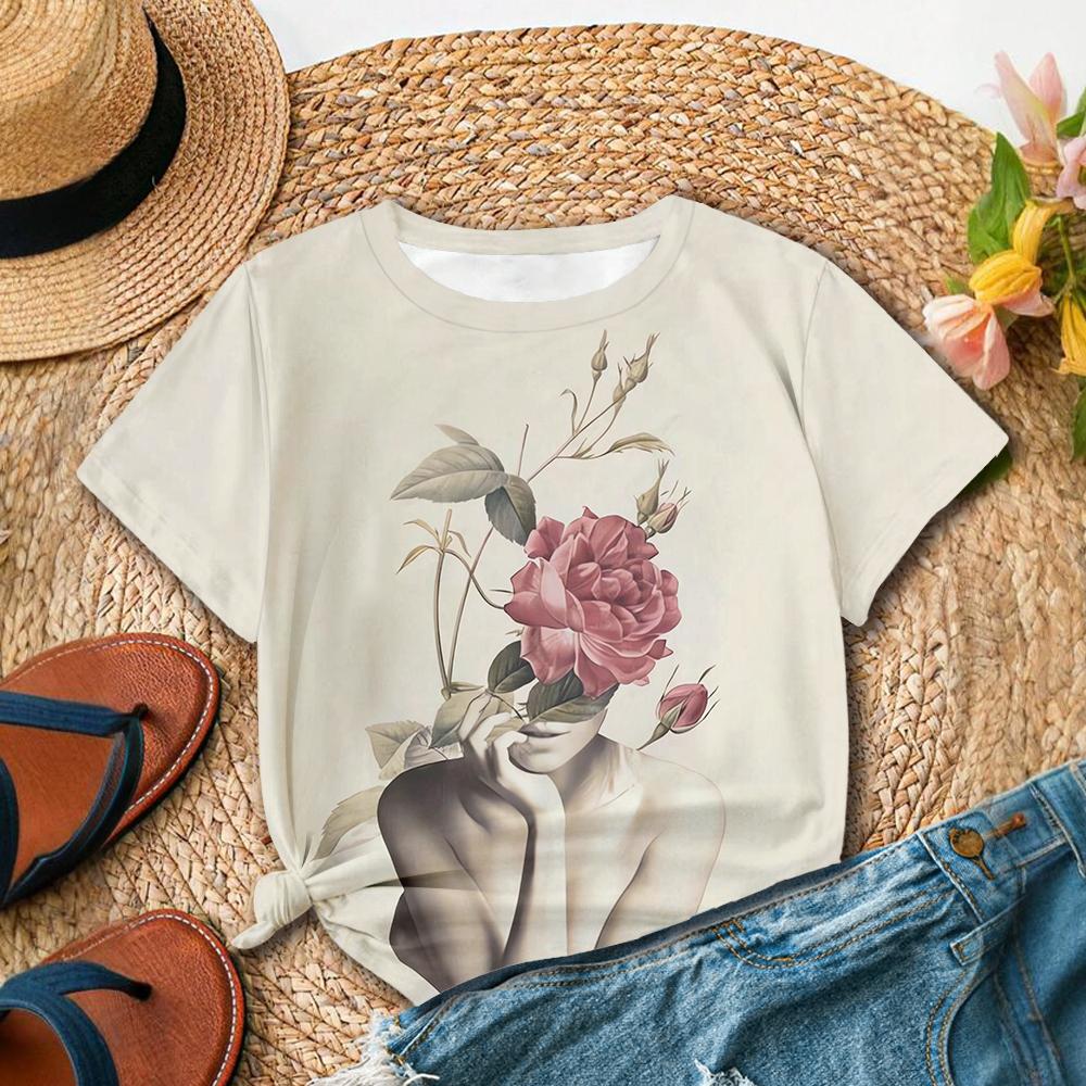 Fashion and Artistic Style Blue Floral Red Floral Print Daily Casual Women's Short Sleeved T-shirt