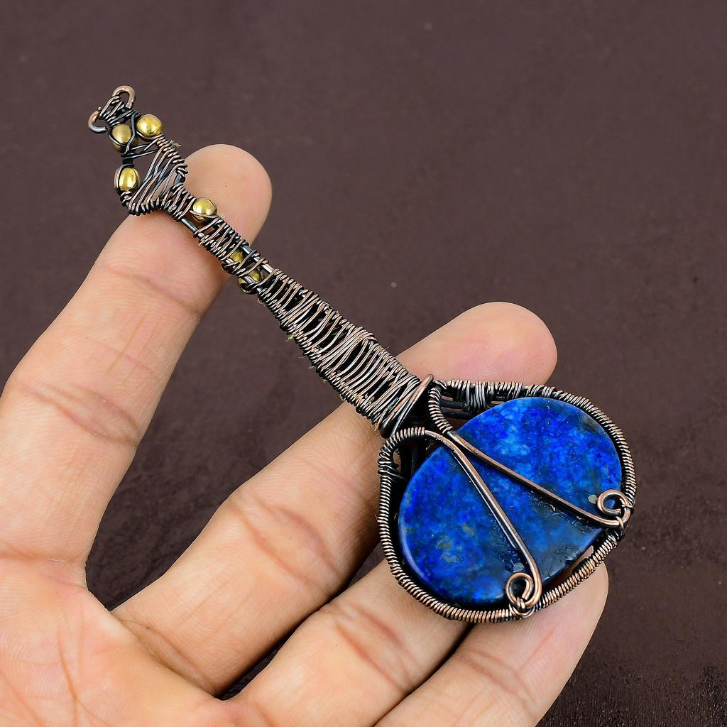 Natural Guitar Lapis Lazuli Stone Handmade Copper Wire Wrap Pendant 4.33" E4w79
