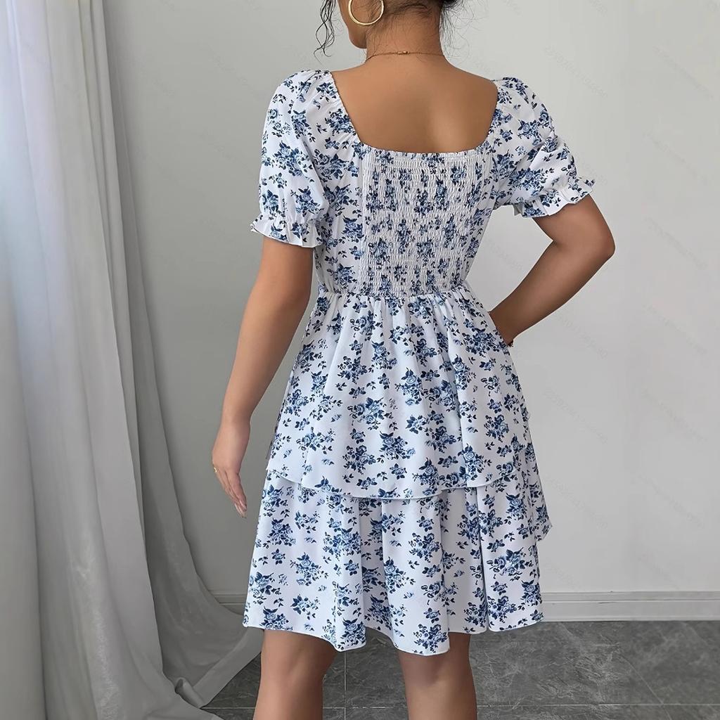 Blaues Blumenkleid Damenbekleidung Großhandel sheintemu Blume Ballonärmel Spitze Großhandel