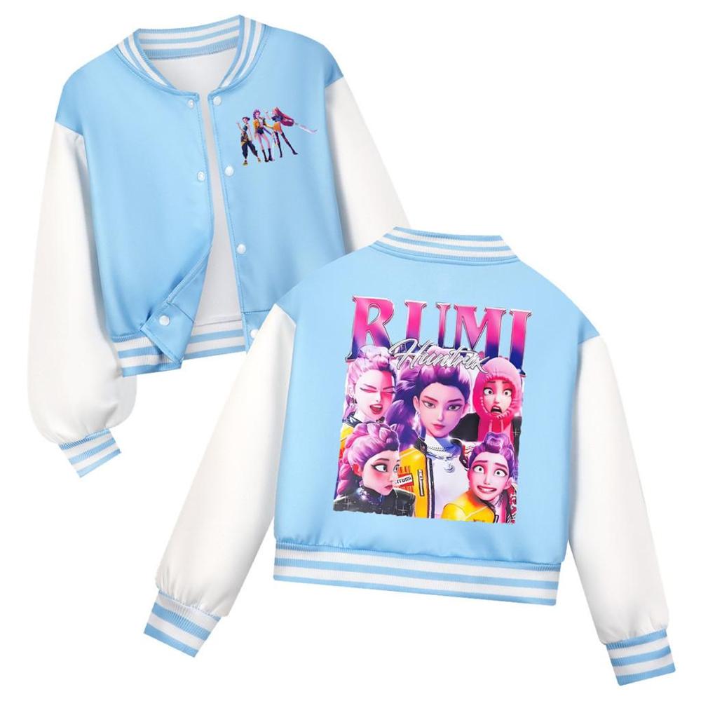 Kids Girls Anime Cartoon Kpop Demon Hunters Rumi Zoey Mira Printed Casual Long Sleeves Baseball Jacket Coat