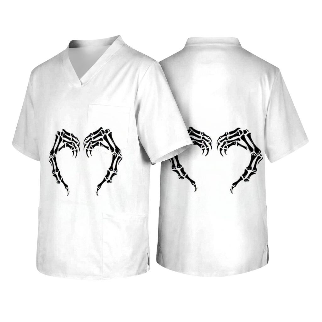 Men's Short Sleeve V Neck Halloween Print Medical Scrub Top with Chest Pocket and Two Lower Pockets Suitable for Healthcare Professionals
