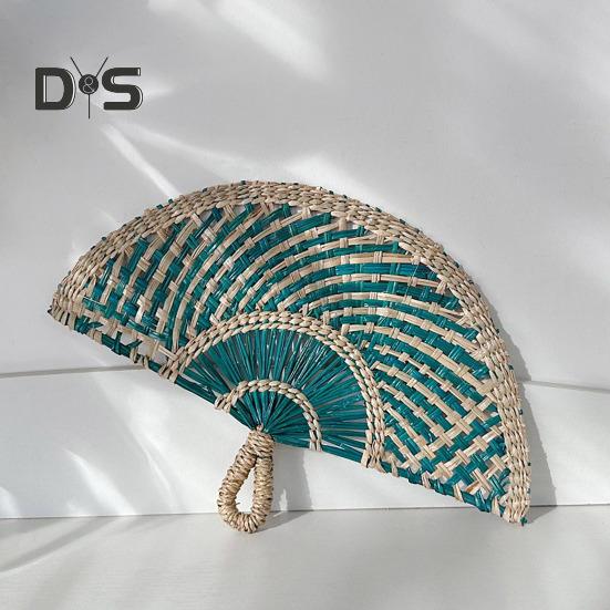 Handgefertigter Fächer aus Strohweben, natürliches Seegras, Raffia-Handfächer, halbrund, gewebtes Palmblatt, Handfächer, Sommer-Kühlfächer, Hochzeits-Party-Dekoration