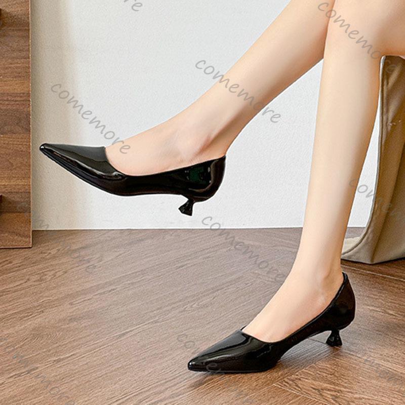 Comemore 3cm Low Heeled Shoes for Women Bright Patent Leather Pointed Toe Pumps Temperament Commuting Shallow Mouth Single Shoes