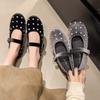 Fashion Cool Gold Rivets Design Ballet Flats Women Faux Suede Belt Metal Buckle Low Heel Women Shoes Non-slip Soft Sole Mary Jane Shoes