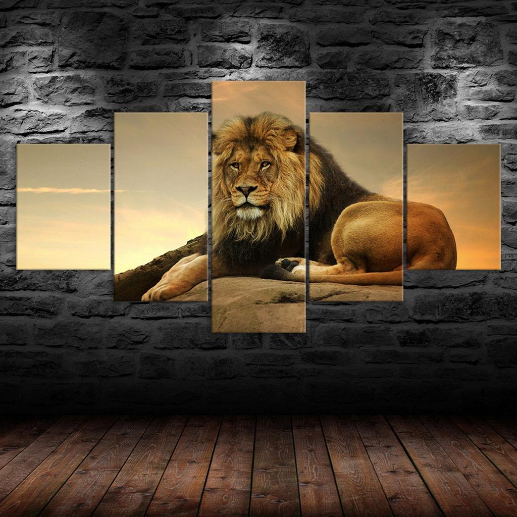 Lion The King Of Beasts Jungle Wild Forest Empire 5 Piece Five Panel Wall Canvas Print Modern Art Poster Home Decor Gift For Him For Her