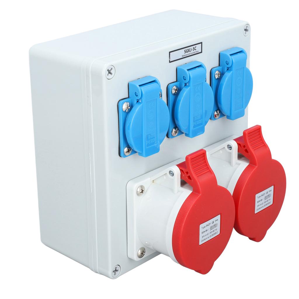 Stikkontaktboks 3stk 16A 250V EU-uttak 2stk 32A pin CEE-uttak IP44 vanntett stikkontakt B