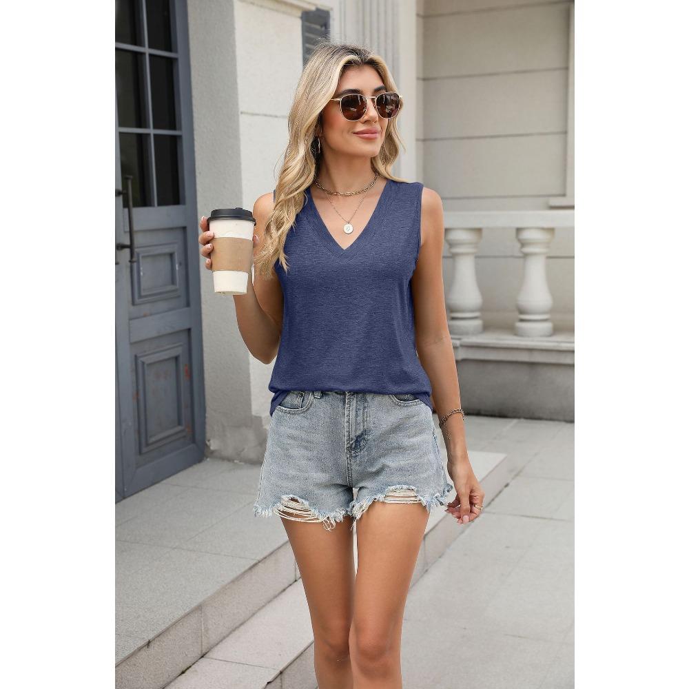 Sommer Neue Einfarbig V-ausschnitt Lose Ärmelloses Casual T-shirt Weste Top