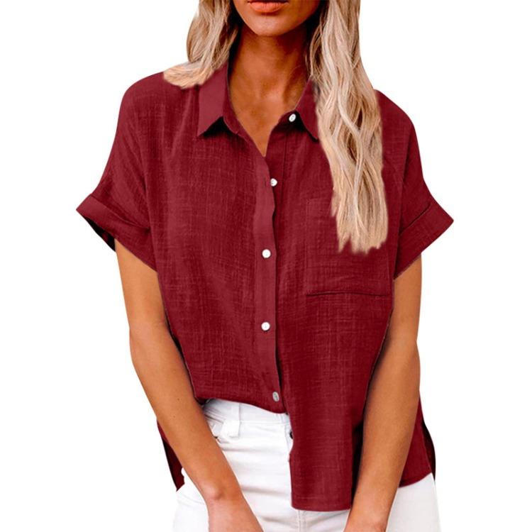 Casual Loose Women Shirt Short Sleeve Lapel Button Down Top With Pocket Tshirt Fashion Color