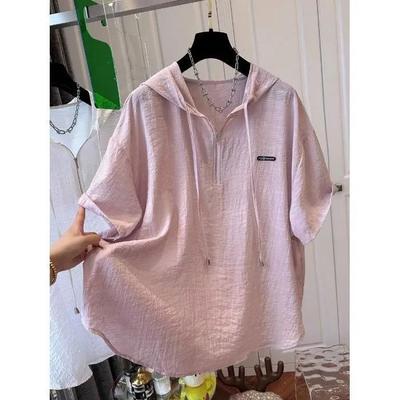Dam Sommar Huvförsedd Kortärmad T-shirt Fransk Tunn Lös Design Toppar Hoodie T-shirt Kvinna