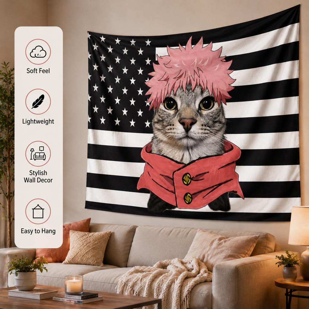 Funnypinkhairyuji I-Itadorianime Cat Tapestry Flat Printblackandwhite Americanflagwallhanging Aesthetic Room Decor For Dorm Gift