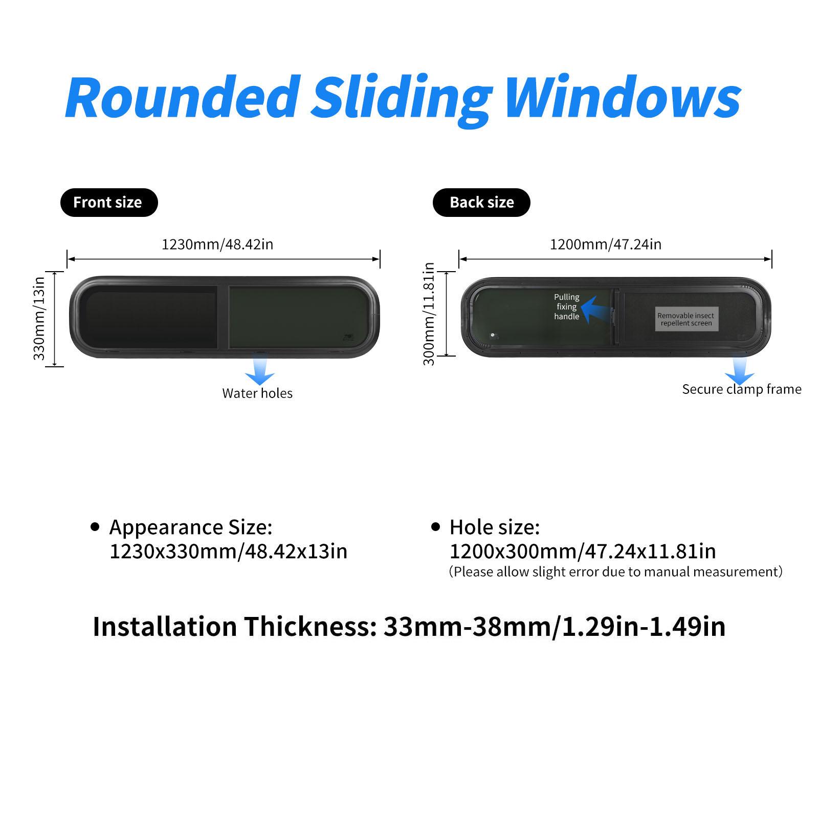 1200*300mm RV Window with Insect Net Caravan Trailer Horizontal Push Pull Round Corner Aluminum Alloy UV Resistant Window