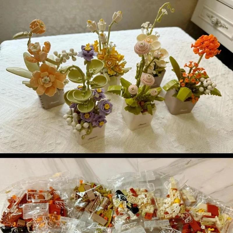 Sende deiner Mutter ein Geschenk Blumen Bausteine Ewige Bonsai Serie Set DIY Topfblume Löwenzahn Pfingstrose Steinpflanze Blumenstrauß Deko