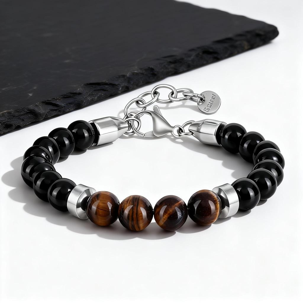 Herren Armband mit Perlen, Tigerauge Stein Schwarze Perlenarmbänder, Lässiger Schmuck Geschenk für Ihn Jungen